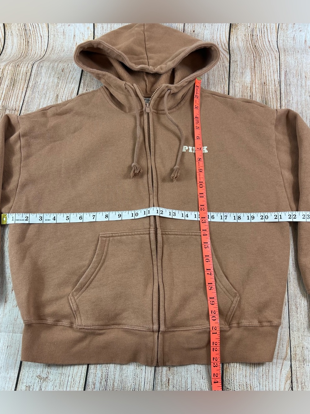 Victoria’s Secret Pink Full Zip Hoodie Jacket Varsity Logo Toffee Brown Small - Picture 8 of 9